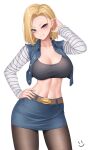  1girl android_18 belt black_pantyhose blonde_hair blue_eyes blue_jacket blue_skirt blush breasts brown_belt cleavage collarbone cowboy_shot dragon_ball dragon_ball_z earrings hand_on_own_hip hand_up highres jacket jewelry large_breasts long_sleeves looking_at_viewer midriff navel open_clothes open_jacket pantyhose parted_lips short_hair simple_background skirt smile solo thighs wei_xiao white_background 