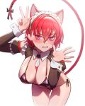  1girl animal_ears bikini black_bikini breasts cat_ears cat_tail cleavage clenched_teeth cropped_legs detached_sleeves janghwa_(last_origin) large_breasts last_origin leaning_forward looking_at_viewer maid maid_headdress micro_bikini mole mole_under_eye multiple_moles nyanom red_eyes red_hair short_hair side-tie_bikini_bottom simple_background solo string_bikini swimsuit tail teeth unconventional_maid white_background wrist_cuffs 