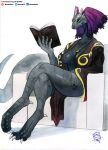  absurd_res anthro areola areola_slip black_body black_scales book chair crossed_legs dragon female furniture hi_res murazaki scales simple_background solo throne white_background 