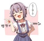  1girl :d blue_skirt blush brown_ribbon center_frills closed_eyes collared_shirt commentary_request facing_viewer frills grey_hair hair_flaps hair_intakes hand_on_own_hip hand_up highres idolmaster idolmaster_cinderella_girls index_finger_raised koshimizu_sachiko leaning_to_the_side neck_ribbon pink_background pleated_skirt puffy_short_sleeves puffy_sleeves ribbon shirt short_sleeves skirt smile solo suspender_skirt suspenders translation_request two-tone_background white_background white_shirt yukie_(kusaka_shi) 