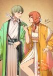  1boy 1girl autumn-sacura bowl_cut chinese_clothes couple fire_emblem fire_emblem:_three_houses glasses green_hair hanfu ignatz_victor leonie_pinelli medium_hair orange_hair round_eyewear short_ponytail side_ponytail 