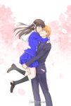  1boy 1girl arms_around_neck arms_around_waist artist_name black_jacket black_pants black_socks blue_shirt blue_skirt breasts brown_footwear cherry_blossoms closed_eyes couple falling_petals feet_out_of_frame fruits_basket hair_between_eyes hair_ribbon hetero honda_tohru hug jacket loafers long_hair long_sleeves medium_breasts official_art open_mouth orange_eyes pants parted_lips petals pleated_skirt ribbon sailor_collar school_uniform shirt shoes short_hair skirt smile socks souma_kyou takaya_natsuki white_sailor_collar 