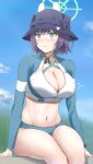  1girl absurdres aqua_eyes bikini bikini_bottom_only blue_archive blue_sky breasts bucket_hat cleavage cloud day facing_viewer frown halo hat highres large_breasts looking_to_the_side navel outdoors purple_hair rash_guard saki_(blue_archive) saki_(swimsuit)_(blue_archive) short_hair sitting sky solo stomach swimsuit tacticsalt thighs 