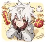  1boy brown_gloves character_request copyright_request fur_collar gift gloves goat_boy goat_horns heart horns jacket looking_at_viewer male_focus rabbit rifuru short_hair smile solo white_hair 