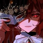  1boy 1eternalstar artist_name ascot brooch close-up collared_shirt crossed_bangs diluc_(genshin_impact) genshin_impact gold_trim hair_between_eyes hand_up highres holding holding_mask instagram_username jewelry long_hair looking_at_viewer male_focus mask neck_ruff portrait red_eyes red_hair serious shirt sidelocks solo twitter_username unfinished watermark 