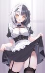  1girl alternate_costume apron ass_visible_through_thighs black_bow black_bowtie black_dress black_hair black_thighhighs blunt_bangs blurry blurry_background blush bow bowtie breasts chest_strap cleavage collar commentary cowboy_shot detached_collar deyui dress english_commentary enmaided frilled_apron frills garter_belt garter_straps highres hololive hololive_english large_breasts looking_at_viewer maid maid_apron maid_headdress multicolored_hair open_mouth puffy_short_sleeves puffy_sleeves shiori_novella short_sleeves skirt_hold smile solo split-color_hair streaked_hair teeth thighhighs two-tone_hair upper_teeth_only virtual_youtuber waist_apron white_collar white_hair white_headwear yellow_eyes 