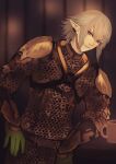  1boy armor blurry blurry_background chainmail closed_mouth commentary earclip edamamebig elezen elf final_fantasy final_fantasy_xiv grey_hair haurchefant_greystone highres looking_at_viewer male_focus pointy_ears short_hair smile solo upper_body 