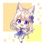  1girl :d animal_ear_fluff animal_ears blue_eyes blue_sailor_collar blue_skirt blush brown_footwear brown_hair cat_ears cat_girl cat_tail chibi commentary_request fang frilled_skirt frills full_body jacket kinari_momiji long_sleeves looking_at_viewer open_clothes open_jacket outstretched_arm pleated_skirt ribbon-trimmed_legwear ribbon_trim ryuuka_sane sailor_collar shirt shoes skirt sleeves_past_wrists smile solo standing standing_on_one_leg tail thighhighs white_jacket white_shirt white_thighhighs yorite_konoha_wa_kurenai_ni 