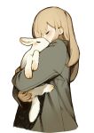  1girl animal animal_hug blonde_hair blush closed_eyes from_side hair_between_eyes holding holding_animal holding_rabbit long_hair long_sleeves original profile rabbit sakutake_(ue3sayu) sidelocks simple_background white_background 