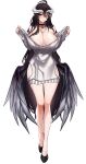  1girl absurdres ahoge albedo_(overlord) black_choker black_feathers black_hair black_wings blush breasts choker closed_mouth demon_girl demon_horns dogs_(dlrkdejr26) dress feathered_wings feathers full_body hands_up highres hip_vent horns huge_breasts large_wings long_hair looking_at_viewer low_wings overlord_(maruyama) smile solo sweater sweater_dress very_long_hair white_horns white_sweater wings yellow_eyes 