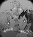  1boy 3girls after_ejaculation after_sex ass black_hair cooperative_fellatio cum cum_in_pussy cumdrip fellatio final_fantasy final_fantasy_xiv gaia_(ff14) greyscale group_sex handjob heart huge_ass jamjamstyle lipstick long_hair looking_at_viewer makeup monochrome multiple_girls oral pov pubic_hair ryne_waters shaved_body simple_background uncensored venat_(ff14) warrior_of_light_(ff14) 