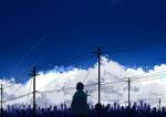  1girl absurdres blue_sky blue_theme brown_hair building city cloud commentary_request contrail cowboy_shot day from_behind highres light_particles meeu0biss original outdoors power_lines scenery silhouette sky skyline solo utility_pole 