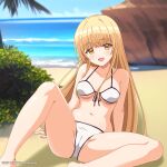  1girl bare_shoulders beach bikini blonde_hair blue_sky blush breasts cameltoe covered_nipples day long_hair looking_at_viewer medium_breasts mio-morimitsu navel ocean open_mouth otonari_no_tenshi-sama_ni_itsu_no_mani_ka_dame_ningen_ni_sarete_ita_ken outdoors paid_reward_available shiina_mahiru_(otonari_no_tenshi-sama) sky smile solo spread_legs stomach swimsuit white_bikini yellow_eyes 