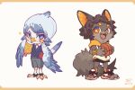  2boys :d animal_ears anubis_(mythology) artist_name ball basketball_(object) beak bird_boy bird_legs bird_wings black_shorts blue_eyes book brown_fur brown_hair egyptian_mythology fangs full_body furry furry_male glasses green_shorts grey_hair grey_vest highres holding holding_ball holding_book horus_(mythology) hua_hua_de_meme jackal_boy jackal_ears jackal_tail multiple_boys orange_eyes original shirt short_hair shorts signature sleeveless sleeveless_shirt smile sweater_vest toeless_footwear vest white_background white_footwear white_shirt wings 