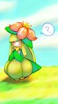  1girl ? ame_(metorui) blue_sky cloud colored_sclera colored_skin commentary_request crown day flat_chest flower full_body grass green_hair green_skin hair_flower hair_ornament hands_up highres leaf lilligant long_hair looking_at_viewer mini_crown monster_girl multicolored_skin no_mouth orange_sclera outdoors own_hands_together partial_commentary plant_girl pokemon pokemon_(creature) red_flower sidelocks sky solo speech_bubble spoken_question_mark standing swept_bangs tilted_headwear two-tone_skin very_long_hair white_eyes white_skin yellow_headwear 