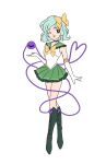  1girl :d bishoujo_senshi_sailor_moon boots bow bowtie chocorune1 cosplay full_body gloves green_eyes green_footwear green_hair green_serafuku green_skirt hair_bow highres komeiji_koishi looking_at_viewer one_eye_closed open_mouth sailor_moon sailor_moon_(cosplay) school_uniform serafuku shirt short_hair simple_background skirt sleeveless sleeveless_shirt smile solo touhou white_background white_gloves white_shirt yellow_bow yellow_bowtie 