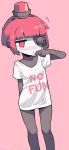  1girl absurdres adjusting_shirt alarm_siren artist_name blunt_bangs blush closed_mouth clothes_writing colored_skin commentary english_commentary english_text feet_out_of_frame fizzy_(fizzywattr) flying_sweatdrops grey_skin highres meme mini-sentry-chan_(fizzywattr) no_fun_allowed_(meme) no_pants one-eyed original personification pink_background red_eyes red_hair robot_girl shirt short_sleeves simple_background team_fortress_2 white_shirt white_skin 