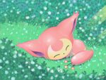  animal_focus artist_name closed_eyes commentary_request day grass illustration_room_nagi lying no_humans outdoors pokemon pokemon_(creature) skitty sleeping solo 