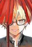  1boy bespectacled blonde_hair commentary_request gakuran glasses highres looking_at_viewer male_focus official_alternate_costume official_alternate_hairstyle orange_eyes project_sekai red_umbrella school_uniform short_hair smile solo teeth tenma_tsukasa umbrella yakam88 
