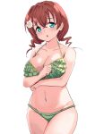  1girl absurdres bikini blue_eyes breasts brown_hair cleavage collarbone emma_verde evildaddy12 flower freckles green_bikini hair_flower hair_ornament highres large_breasts looking_at_viewer love_live! love_live!_nijigasaki_high_school_idol_club medium_hair navel open_mouth simple_background solo standing stomach swimsuit white_background 