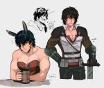  1boy 1girl animal_ears beard_stubble black_hair blue_eyes chinstrap_beard clive_rosfield closed_mouth drooling facial_hair final_fantasy final_fantasy_xvi highres jill_warrick large_pectorals male_focus mature_male muscular muscular_male pectoral_cleavage pectorals scar scar_on_cheek scar_on_face shirt short_hair simple_background sword tirtyturtle upper_body weapon yawning 