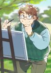  1boy bara blue_shirt brown_eyes brown_pants canvas_(object) closed_mouth easel finger_to_own_chin glasses highres licht_(housamo) male_focus medium_hair paintbrush pants purasu_no_konbu raised_eyebrows shirt solo sweater_vest tokyo_afterschool_summoners watch 