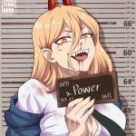  1girl :d absurdres artist_name barbie_(live_action) barbie_mugshot_(meme) black_necktie blonde_hair blood blood_on_face chainsaw_man character_name cross-shaped_pupils demon_horns hair_between_eyes hand_up highres holding holding_sign horns long_hair looking_at_viewer meme mugshot name_tag necktie nosebleed off_shoulder open_mouth patreon_username power_(chainsaw_man) red_horns saliva sebasdono sharp_teeth shirt sign smile solo symbol-shaped_pupils teeth unbuttoned unbuttoned_shirt white_shirt 