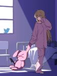  1girl alternate_costume barefoot bed blonde_hair blurry blurry_background blush_stickers chair collarbone commentary dragging full_body hair_down highres holding holding_stuffed_toy hospital_bed indoors long_hair looking_back natori_sana one_eye_closed open_mouth overexposure pajamas pink_pajamas qumata rubbing_eyes sana_channel sleeves_past_fingers sleeves_past_wrists solo stuffed_toy sunlight twitter twitter_bird virtual_youtuber waking_up window window_shade 