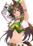  1girl animal_ears aqua_eyes armpits arms_up breasts brown_choker brown_hair choker commentary_request hair_between_eyes hat horse_ears horse_girl horse_tail jacket long_hair medium_breasts midriff mini_hat misu_kasumi mr._c.b._(umamusume) navel revision simple_background single_sleeve solo stomach tail tan tanlines umamusume white_background white_headwear white_jacket 