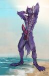  anthro atheletic beach bodily_fluids dripping genital_fluids genitals hi_res hyena lifeguard low-angle_view male mammal muscular nude penis precum precum_drip seaside solo summer 