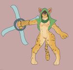  anthro areola breasts brown_hair countershading facial_markings felid feline female fishnet fishnet_armwear fur genitals hair head_markings hi_res holding_object holding_weapon hood inabaart leopard_spots leopardus mammal markings mask_(marking) mostly_nude nipples ocelot pussy ranged_weapon red_eyes scarf short_hair shuriken simple_background solo spots ta&#039;liana weapon yellow_body yellow_fur 