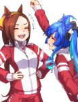  +++ 2girls :d ahoge animal_ears aqua_hair arm_up blue_hair brown_hair clenched_hand commentary ear_ornament facing_another grin hair_ribbon hands_on_own_hips highres horse_ears horse_girl jacket long_hair long_sleeves multicolored_hair multiple_girls open_mouth ribbon sakura_bakushin_o_(umamusume) sharp_teeth sidelocks simple_background smile teeth thin_(suzuneya) tracen_training_uniform track_jacket track_suit twin_turbo_(umamusume) twintails umamusume white_background zipper zipper_pull_tab 