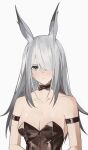  1girl absurdres animal_ear_fluff animal_ears arknights black_bow black_bowtie black_leotard bow bowtie breasts cleavage extra_ears frostnova_(arknights) grey_eyes grey_hair hair_over_one_eye highres leotard long_hair looking_at_viewer medium_breasts playboy_bunny quanx70909457 rabbit_ears rabbit_girl scar scar_on_face scar_on_nose simple_background solo strapless strapless_leotard upper_body white_background 