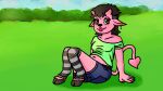  ambiguous_gender anthro bottomwear clothed clothing darkcyndoge day deer demon ear_piercing female footwear grass_field hi_res hooves hybrid mammal maple(darkcyndoge) piercing pink_body shirt shorts smile socks solo spade_tail tail teenager topwear young 