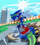 1boy blue_sky building gloves goggles goggles_on_head green_eyes highres hover_board outdoors racetrack red_footwear shoes sky skyscraper slickevaan solo sonic_(series) sonic_the_hedgehog white_gloves 