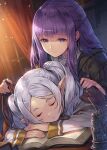  2girls black_coat book closed_mouth coat commentary elf fern_(sousou_no_frieren) grey_hair hagure_keg highres long_hair long_sleeves multiple_girls open_book parted_lips pointy_ears purple_eyes purple_hair sleeping smile sousou_no_frieren twintails 