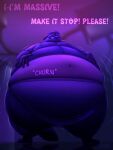  anthro belly belly_inflation big_belly blue_body blue_fur blueberry_inflation chewing chubby_cheeks clothed clothing dialogue ears_back english_text facial_markings fur hand_on_stomach head_markings hi_res inflation low-angle_view male mammal markings mask_(marking) navel obese obese_anthro obese_male open_mouth overweight overweight_anthro overweight_male phatracc pivoted_ears procyonid raccoon scared sloshing_belly solo sound_effects standing text thick_thighs weight_gain wide_hips 