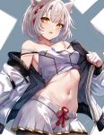  1girl animal_ears bare_shoulders blue_background blush breasts commentary crop_top jacket leonmandala looking_at_viewer medium_breasts midriff mio_(xenoblade) navel off_shoulder open_clothes open_jacket open_mouth short_hair skirt solo stomach two-tone_background white_background white_hair white_jacket white_skirt xenoblade_chronicles_(series) xenoblade_chronicles_3 yellow_eyes 