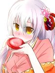  1girl alcohol artist_name blush close-up commentary_request cup drinking hair_ornament highres holding holding_cup japanese_clothes kamewaritou kimono long_bangs long_hair looking_at_viewer orange_kimono raised_eyebrows sakazuki sake sidelocks solo tenka_hyakken tubasa49 upper_body white_background white_hair yellow_eyes 