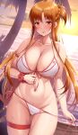  1girl :p asuna_(sao) beach bikini blush braid breasts brown_eyes brown_hair cleavage highres kawase_seiki large_breasts long_hair looking_at_viewer navel ocean outdoors palm_tree shiny_skin side-tie_bikini_bottom skindentation smile solo standing swimsuit sword_art_online tongue tongue_out tree underboob untied_bikini very_long_hair wet white_bikini 