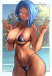  1girl absurdres ass bikini blue_eyes blue_hair blush breasts cleavage closed_mouth collarbone commentary_request commission dark-skinned_female dark_skin day double_v highleg highleg_bikini highres large_breasts long_hair marsha_thompson micro_bikini multicolored_bikini multicolored_clothes nail_polish navel one_eye_closed outdoors pixiv_commission sky smile standing swimsuit tan tatakau_ataisuru thighhighs tree underboob v vodeferr wet wide_hips 