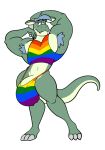  anthro big_bulge bulge clothing colelucario dragon genitals hi_res male multicolored_clothing muscular muscular_male penis rainbow_clothing simple_background solo white_background 