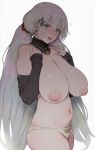  1girl blush breasts cowboy_shot cupitan_(granblue_fantasy) detached_sleeves from_side gin_mitsu granblue_fantasy green_eyes grey_hair hair_between_eyes hair_ornament highres inverted_nipples large_breasts long_hair looking_at_viewer looking_to_the_side navel open_mouth panties pubic_hair pubic_hair_peek simple_background sleeves_past_wrists solo teeth topless twintails underwear upper_teeth_only very_long_hair white_background 