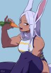  1girl animal_ears bare_shoulders blue_background boku_no_hero_academia breasts carrot dark_skin eating highres large_breasts long_hair looking_at_viewer mirko muscular muscular_female open_mouth rabbit_ears rabbit_tail red_eyes sanekome simple_background solo tail thighhighs tight_clothes white_hair 