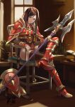  1girl altena_(fire_emblem) arm_guards armor armored_boots book boots breastplate brown_eyes brown_hair chair crossed_legs dated fire_emblem fire_emblem:_genealogy_of_the_holy_war greaves headband holding holding_polearm holding_weapon indoors kero_sweet long_hair pauldrons polearm shoulder_armor signature sitting smile solo spear thighhighs weapon 