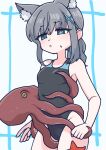  1girl animal_ear_fluff animal_ears black_one-piece_swimsuit blue_archive blue_eyes breasts commission competition_swimsuit cross_hair_ornament extra_ears grey_hair hair_ornament halo highres low_ponytail medium_breasts medium_hair mismatched_pupils multicolored_clothes multicolored_swimsuit octopus official_alternate_costume one-piece_swimsuit shiroko_(blue_archive) shiroko_(swimsuit)_(blue_archive) standing starfish swimsuit toriton translation_request wolf_ears 