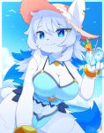  1girl absurdres araunia bikini blue_bikini blue_eyes bracelet breasts cleavage closed_mouth cup day drinking_glass furry furry_female gift_art hat highres holding holding_cup jewelry large_breasts long_hair original outdoors smile solo sun_hat swimsuit white_hair 