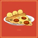  artist_name beak bird border chick closed_eyes closed_mouth commentary food food_focus highres mushroom no_humans open_mouth original pepperoni pizza plate red_background simple_background symbol-only_commentary tenmiyakiyo yellow_border 