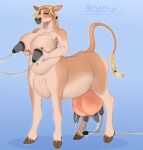  blonde_hair blue_background blue_eyes bodily_fluids bovid bovine breast_milking breasts brown_body cattle eyelashes female hair hi_res holding_breast huskii-s lactating looking_at_viewer machine mammal milking_machine narrowed_eyes navel quadruped simple_background smile solo tan_body taur teats udders 