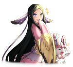  1girl :d black_hair choker highres japanese_clothes kimono long_hair long_sleeves looking_at_viewer musical_note open_mouth pinguinkotak pink_kimono pokemon pokemon_(creature) pokemon_xy purple_choker purple_eyes sleeves_past_fingers sleeves_past_wrists smile sylveon teeth upper_teeth_only valerie_(pokemon) very_long_hair white_background wide_sleeves 